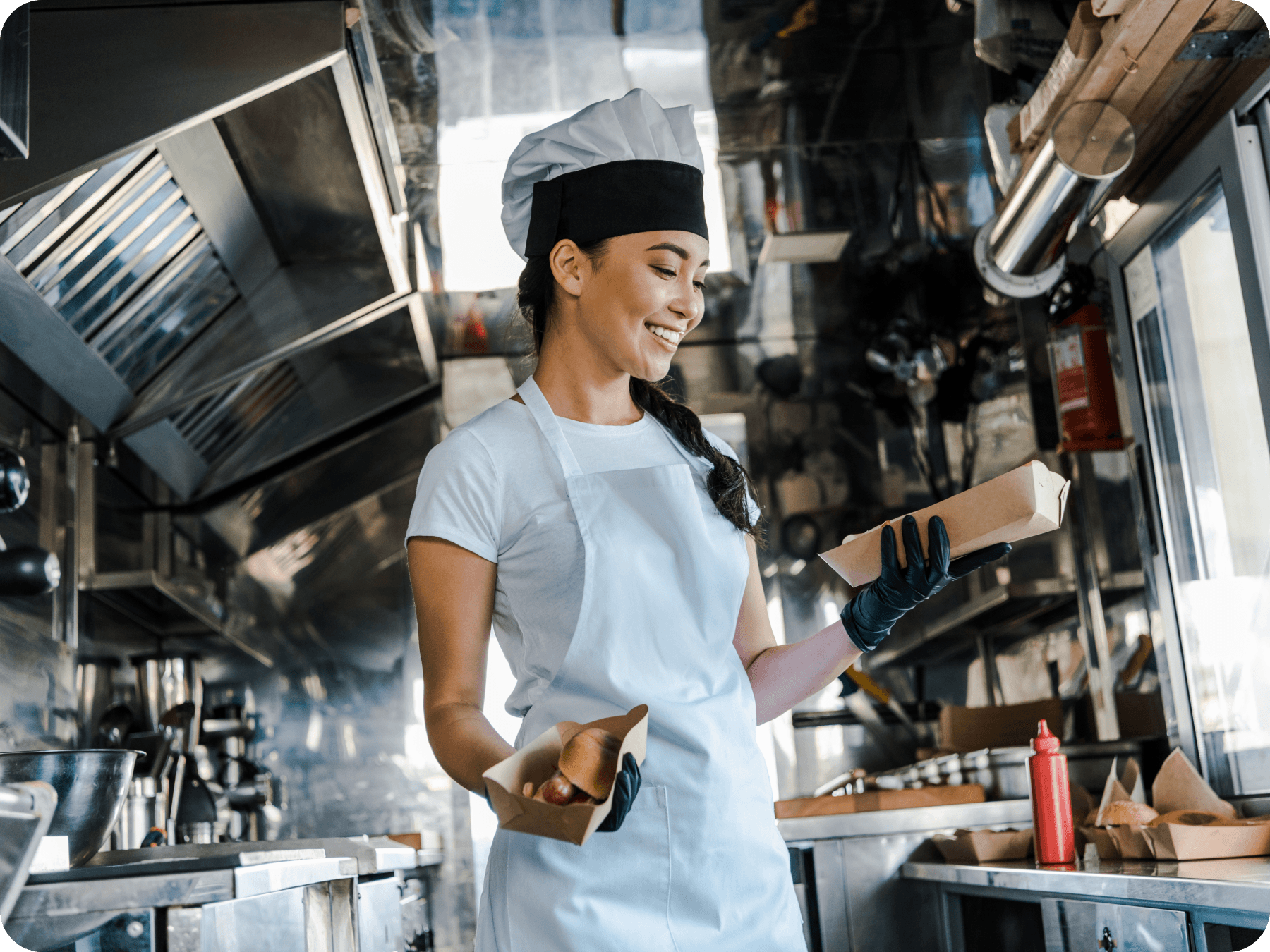 Food truck chef is in the kitchen.