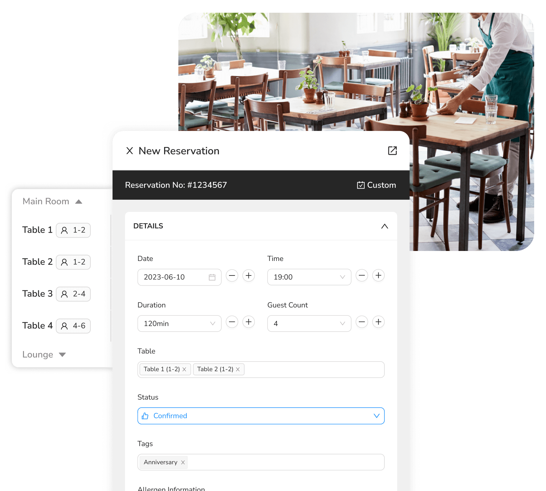 FineDine new reservation screen.