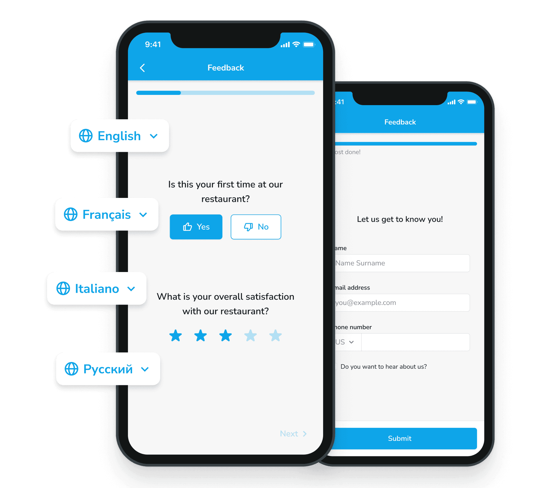 An app interface displaying restaurant options in multiple languages